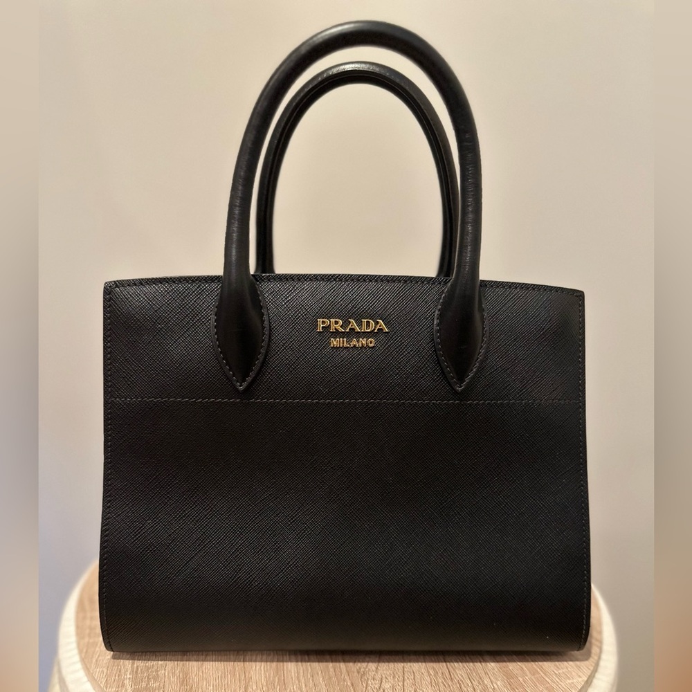 Prada 2-Way Saffiano Leather Black with Pink Interior Accordion Bag